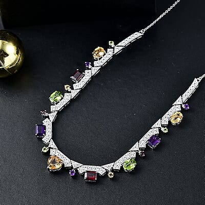 GP Royal Art Deco Collection Brazilian Citrine and Multi Gemstone 15.90 ctw Necklace in Rhodium Over Sterling Silver 18 Inches