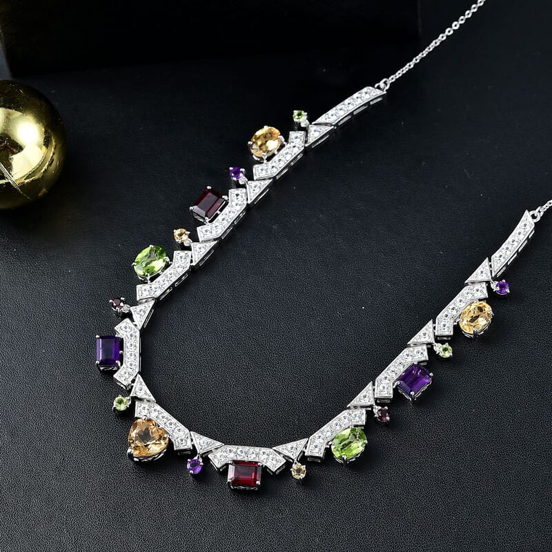 GP Royal Art Deco Collection Brazilian Citrine and Multi Gemstone 15.90 ctw Necklace in Rhodium Over Sterling Silver 18 Inches