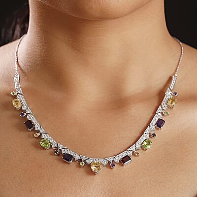 GP Royal Art Deco Collection Brazilian Citrine and Multi Gemstone 15.90 ctw Necklace in Rhodium Over Sterling Silver 18 Inches