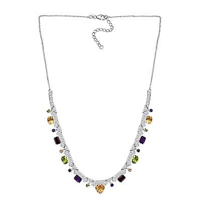 GP Royal Art Deco Collection Brazilian Citrine and Multi Gemstone 15.90 ctw Necklace in Rhodium Over Sterling Silver 18 Inches