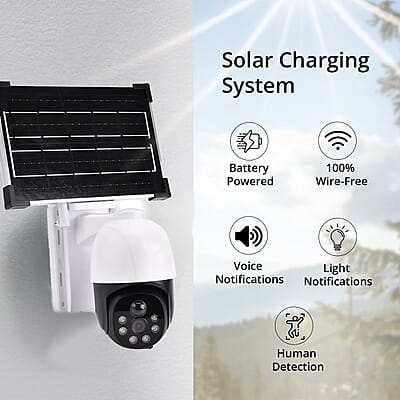 4MP WiFi Solar Security Camera with APP Control, Human Detection, Two way Audio, IP65 Waterproof, Day & Night Vision, Cloud Storage