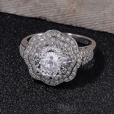 120 Faceted Moissanite 4.00 ctw Vintage Halo Ring in Rhodium Over Sterling Silver (Size 10.0)