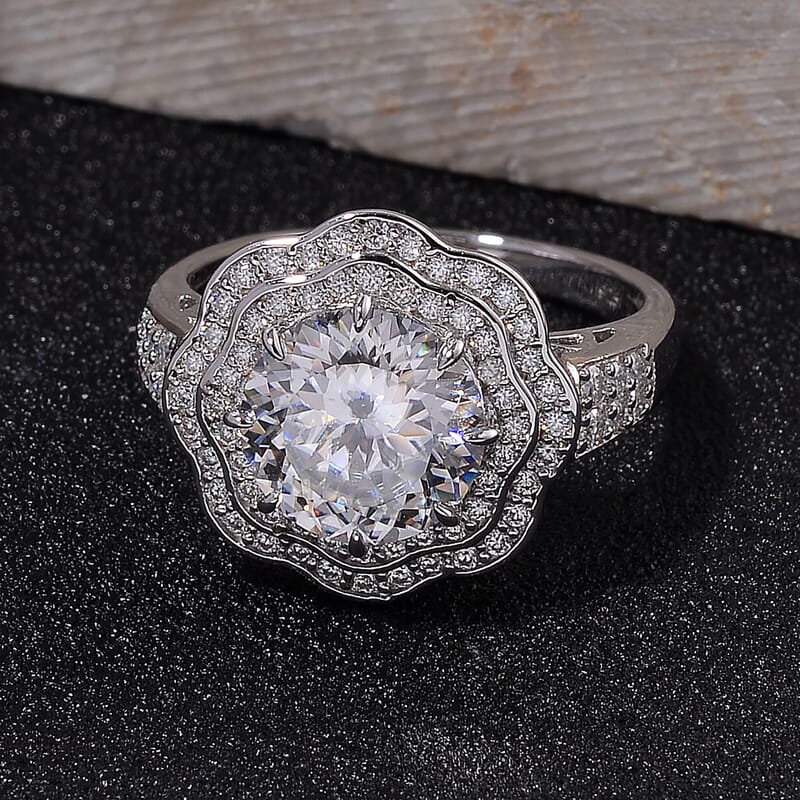 120 Faceted Moissanite 4.00 ctw Vintage Halo Ring in Rhodium Over Sterling Silver (Size 10.0)