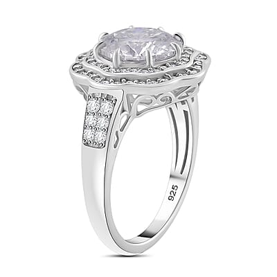 120 Faceted Moissanite 4.00 ctw Vintage Halo Ring in Rhodium Over Sterling Silver (Size 10.0)