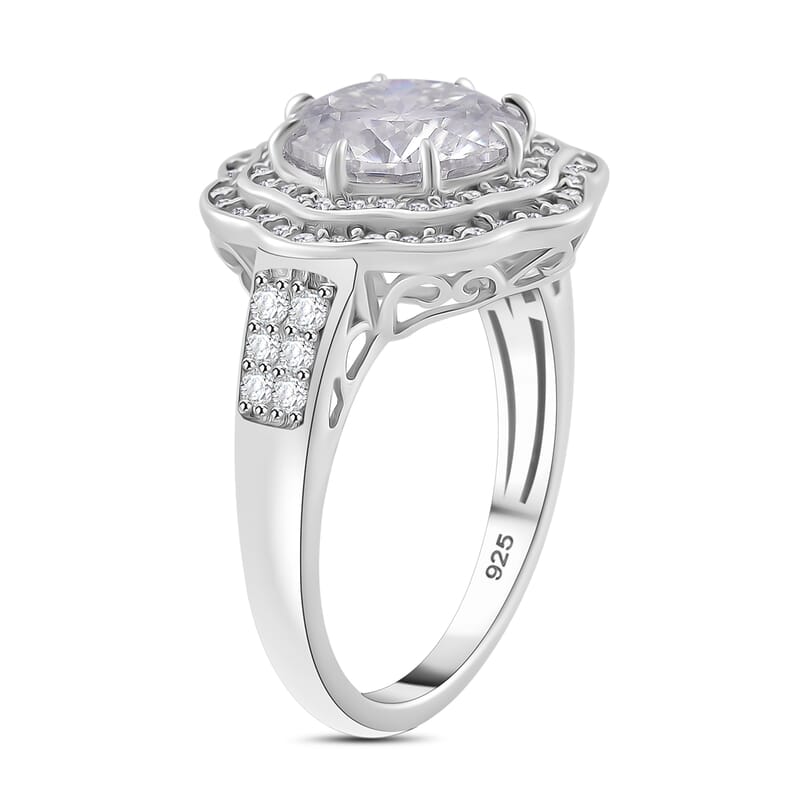 120 Faceted Moissanite 4.00 ctw Vintage Halo Ring in Rhodium Over Sterling Silver (Size 10.0)
