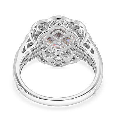 120 Faceted Moissanite 4.00 ctw Vintage Halo Ring in Rhodium Over Sterling Silver (Size 10.0)