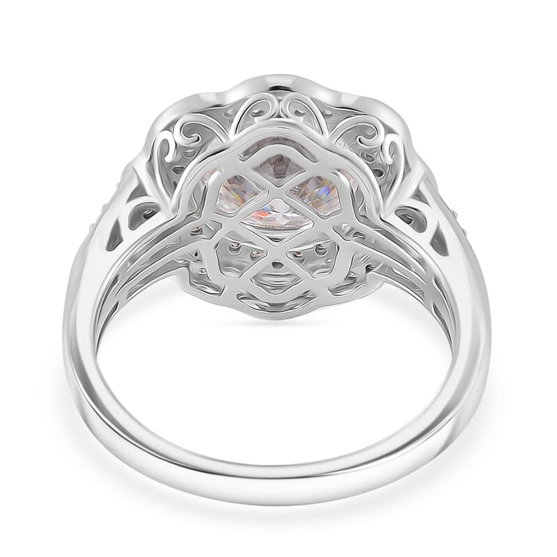 120 Faceted Moissanite 4.00 ctw Vintage Halo Ring in Rhodium Over Sterling Silver (Size 10.0)