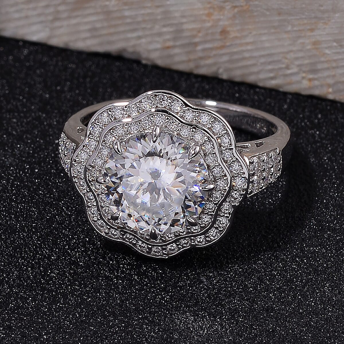 120 Faceted Moissanite 4.00 ctw Vintage Halo Ring in Rhodium Over Sterling Silver (Size 7.0) image number 1