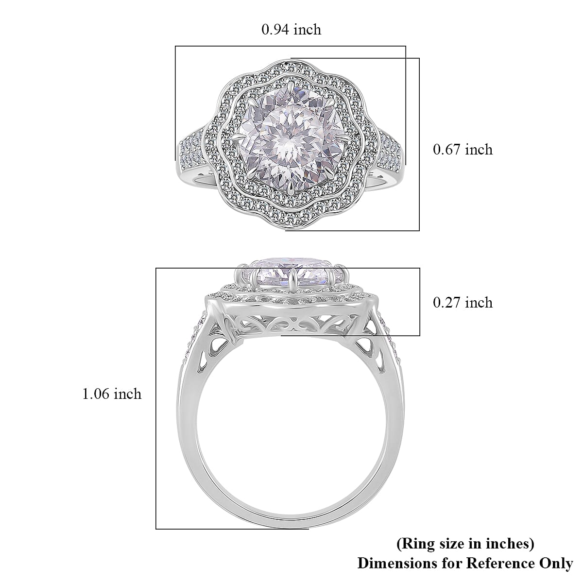 120 Faceted Moissanite 4.00 ctw Vintage Halo Ring in Rhodium Over Sterling Silver (Size 9.0) image number 5