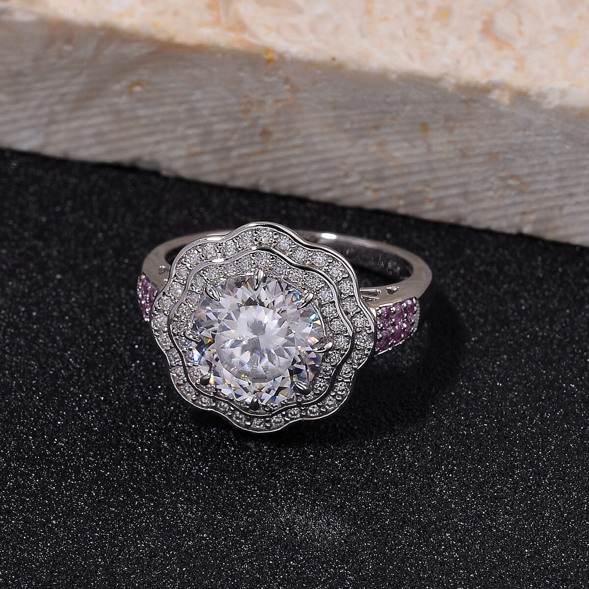 120 Faceted Moissanite and Pink Sapphire 4.10 ctw Vintage Halo Ring in Rhodium Over Sterling Silver (Size 10.0)  image number 1