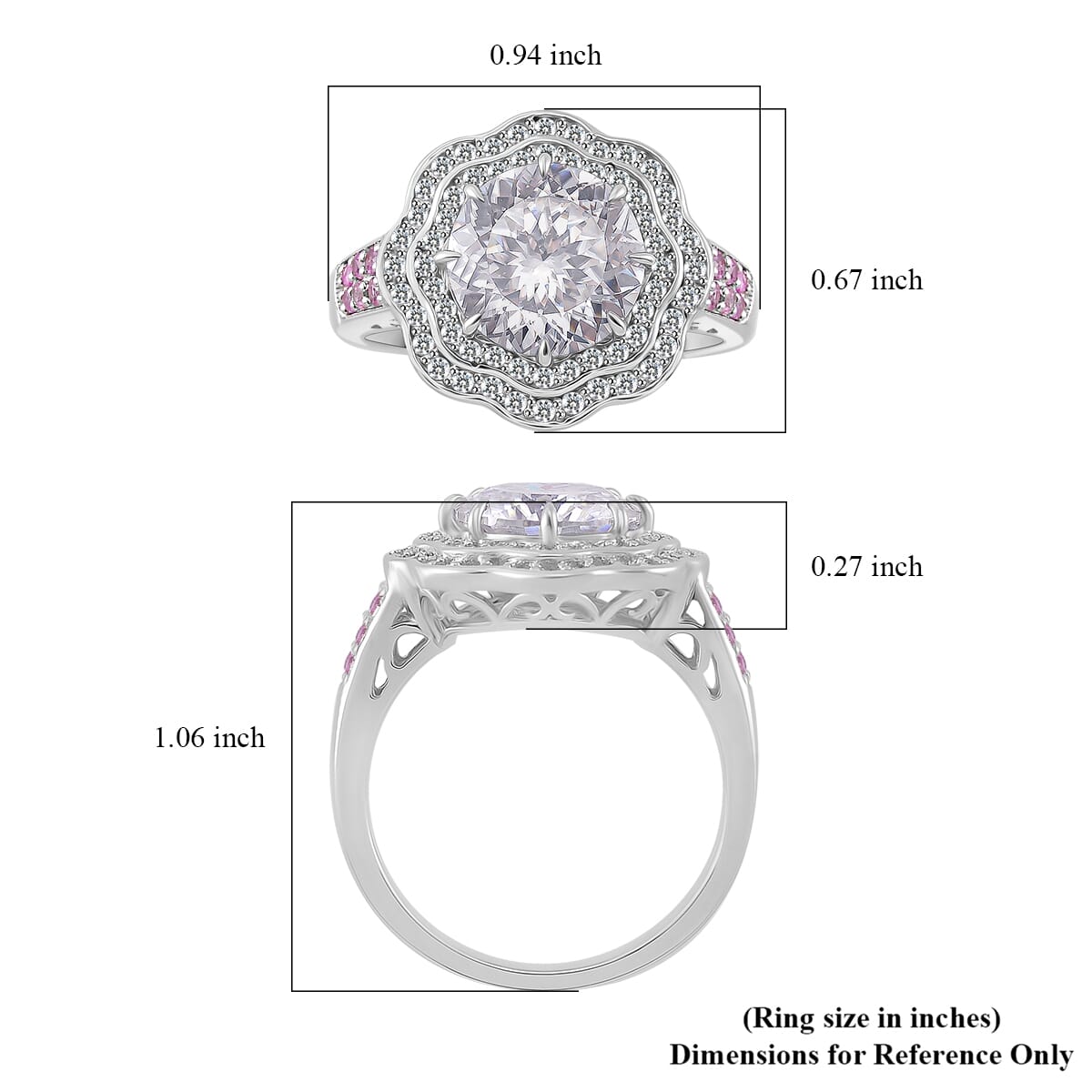 120 Faceted Moissanite and Pink Sapphire 4.10 ctw Vintage Halo Ring in Rhodium Over Sterling Silver (Size 10.0)  image number 4