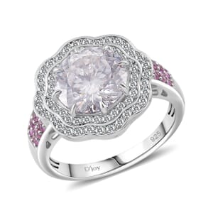 120 Faceted Moissanite and Pink Sapphire 4.10 ctw Vintage Halo Ring in Rhodium Over Sterling Silver (Size 9.0) 