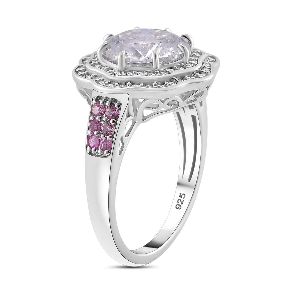 120 Faceted Moissanite and Pink Sapphire 4.10 ctw Vintage Halo Ring in Rhodium Over Sterling Silver (Size 9.0)  image number 2
