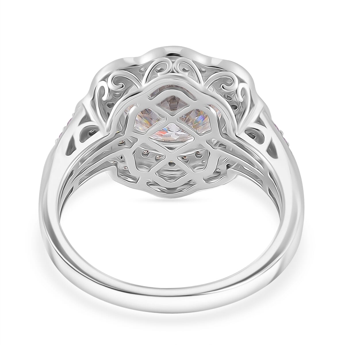 120 Faceted Moissanite and Pink Sapphire 4.10 ctw Vintage Halo Ring in Rhodium Over Sterling Silver (Size 9.0)  image number 3