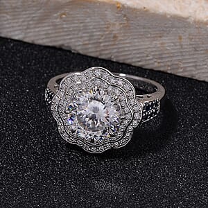 120 Faceted Moissanite and Blue Sapphire 4.10 ctw Vintage Halo Ring in Rhodium Over Sterling Silver (Size 6.0)