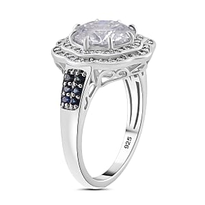 120 Faceted Moissanite and Blue Sapphire 4.10 ctw Vintage Halo Ring in Rhodium Over Sterling Silver (Size 6.0)