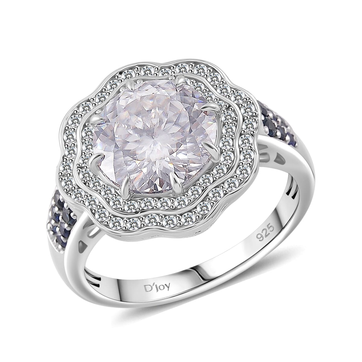 120 Faceted Moissanite and Blue Sapphire 4.10 ctw Vintage Halo Ring in Rhodium Over Sterling Silver (Size 7.0) image number 0