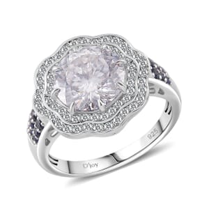 120 Faceted Moissanite and Blue Sapphire 4.10 ctw Vintage Halo Ring in Rhodium Over Sterling Silver (Size 7.0)