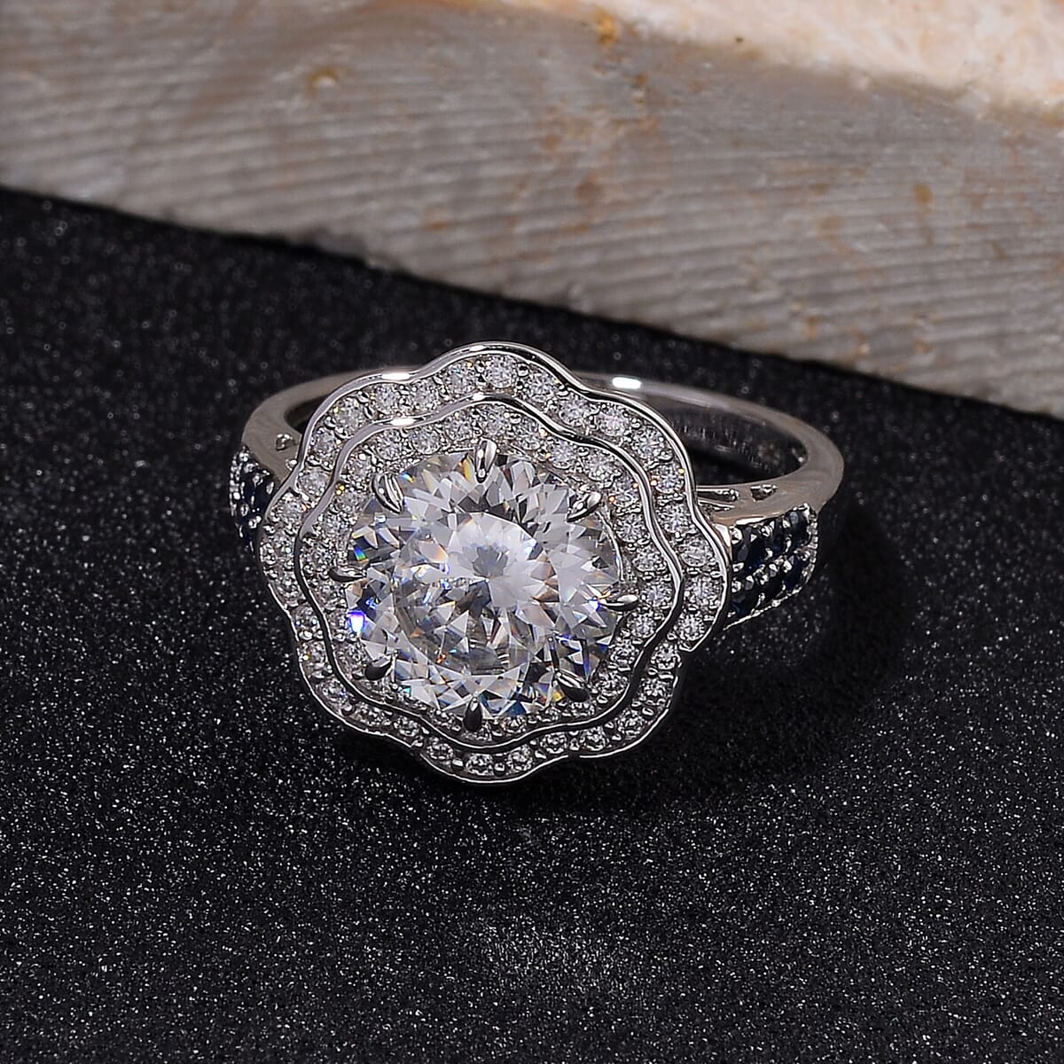 120 Faceted Moissanite and Blue Sapphire 4.10 ctw Vintage Halo Ring in Rhodium Over Sterling Silver (Size 7.0) image number 1