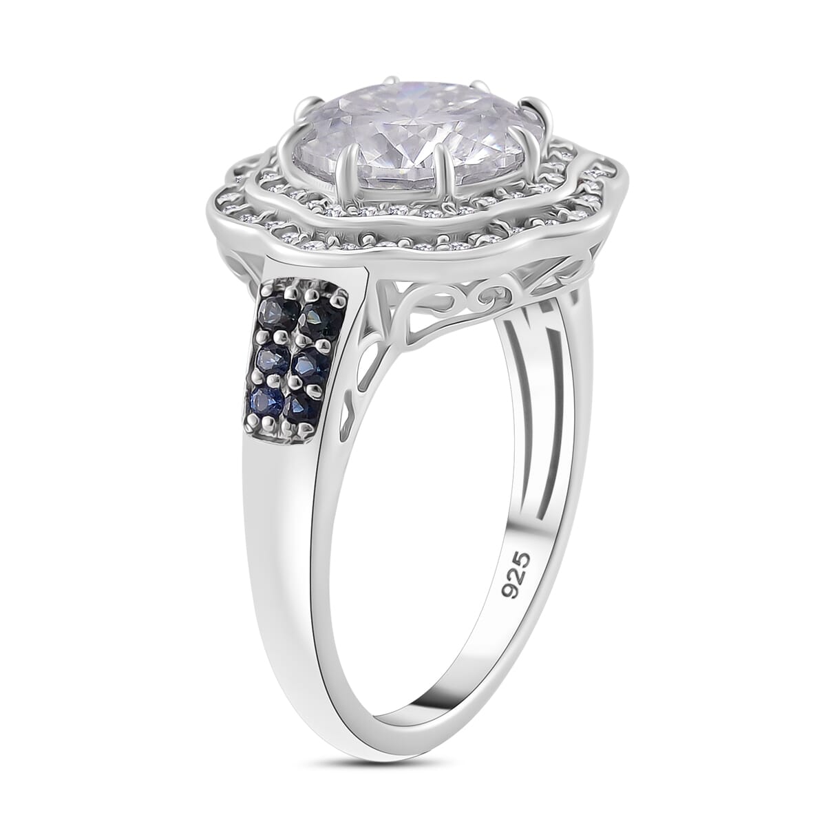 120 Faceted Moissanite and Blue Sapphire 4.10 ctw Vintage Halo Ring in Rhodium Over Sterling Silver (Size 7.0) image number 2