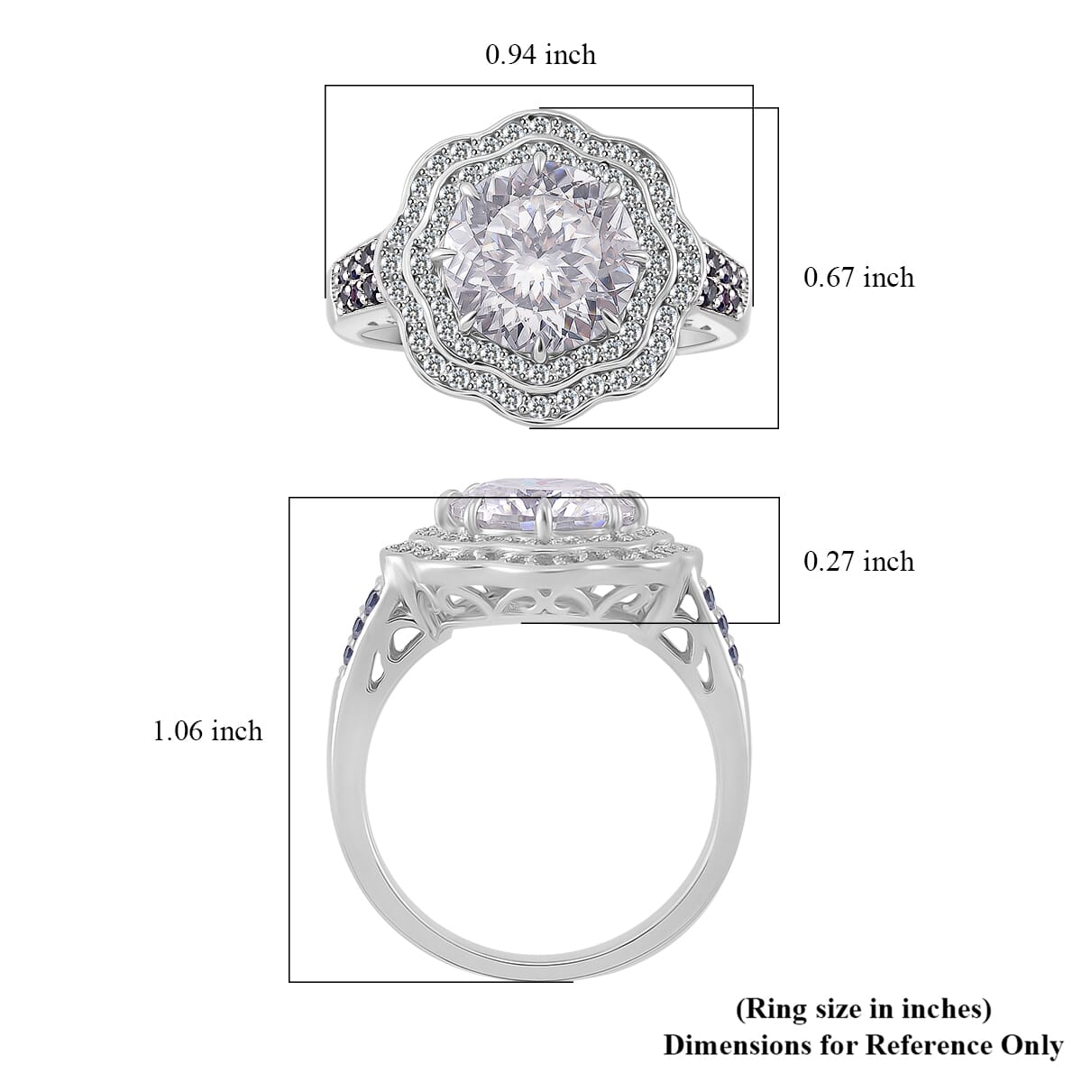 120 Faceted Moissanite and Blue Sapphire 4.10 ctw Vintage Halo Ring in Rhodium Over Sterling Silver (Size 7.0) image number 4