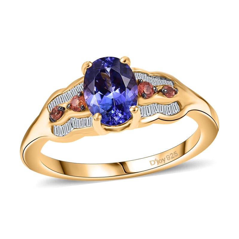 AAA Tanzanite, Padparadscha Sapphire (BT) and Diamond 1.35 ctw Lustre Serenade Ring in 18K Vermeil Yellow Gold Over Sterling Silver (Size 10.0)