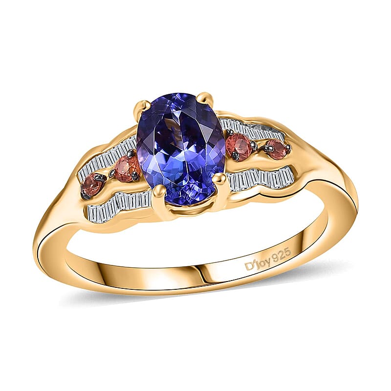 AAA Tanzanite, Padparadscha Sapphire (BT) and Diamond 1.35 ctw Lustre Serenade Ring in 18K Vermeil Yellow Gold Over Sterling Silver (Size 10.0)