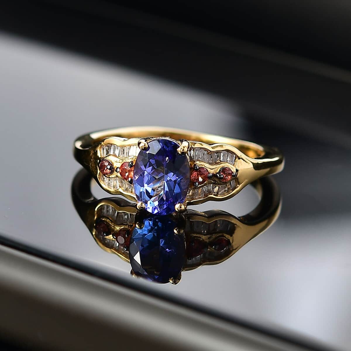 AAA Tanzanite, Padparadscha Sapphire (BT) and Diamond 1.35 ctw Lustre Serenade Ring in 18K Vermeil Yellow Gold Over Sterling Silver (Size 10.0) image number 1