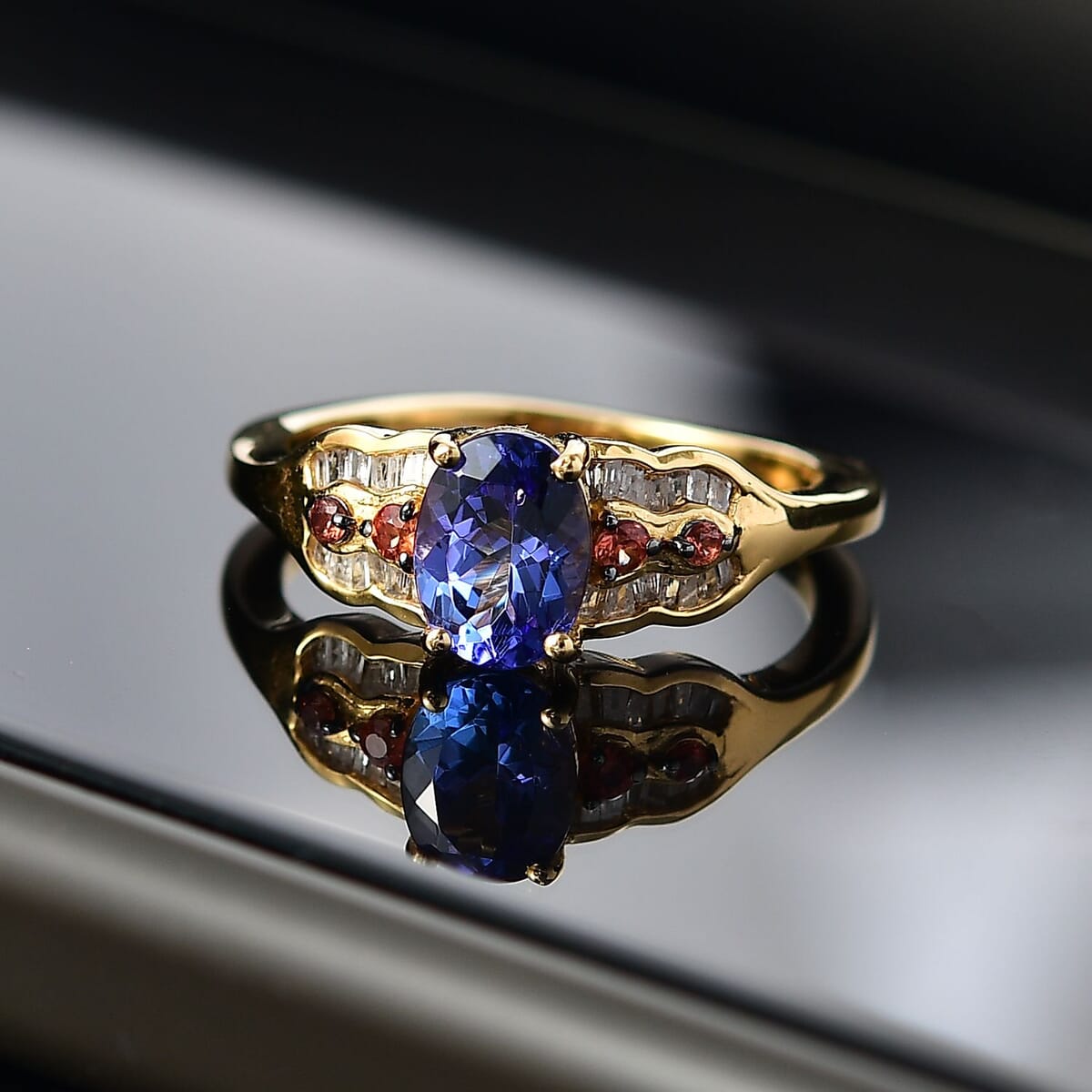 AAA Tanzanite, Padparadscha Sapphire (BT) and Diamond 1.35 ctw Lustre Serenade Ring in 18K Vermeil Yellow Gold Over Sterling Silver (Size 8.0) image number 1