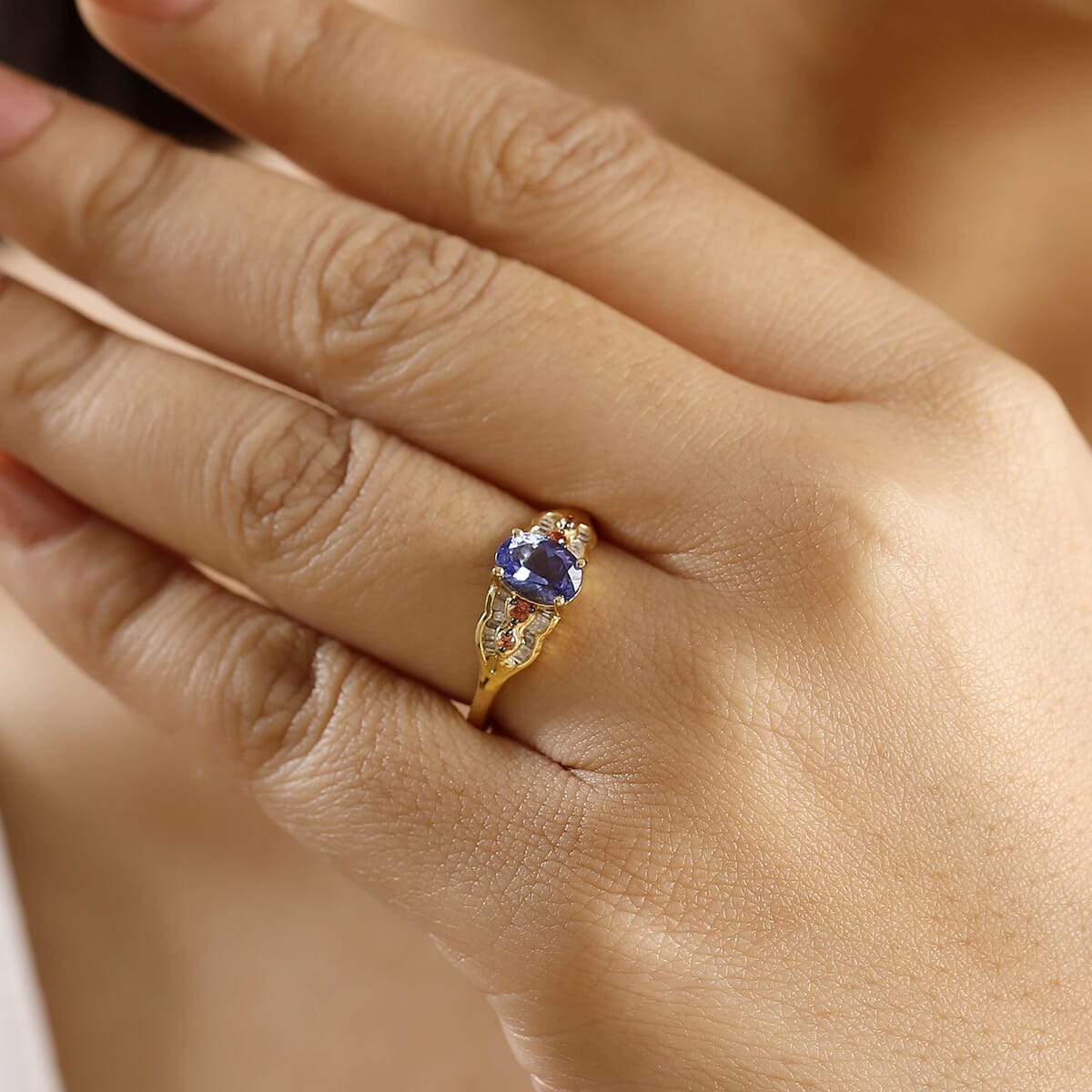 AAA Tanzanite, Padparadscha Sapphire (BT) and Diamond 1.35 ctw Lustre Serenade Ring in 18K Vermeil Yellow Gold Over Sterling Silver (Size 8.0) image number 2