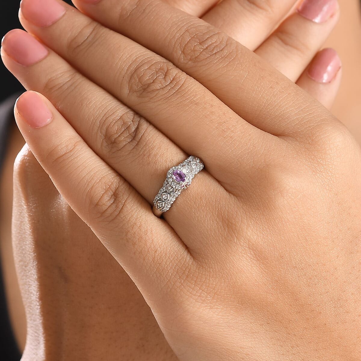Madagascar Purple Sapphire and White Zircon 0.75 ctw Eternal Grace Ring in Rhodium Over Sterling Silver (Size 9.0) image number 2