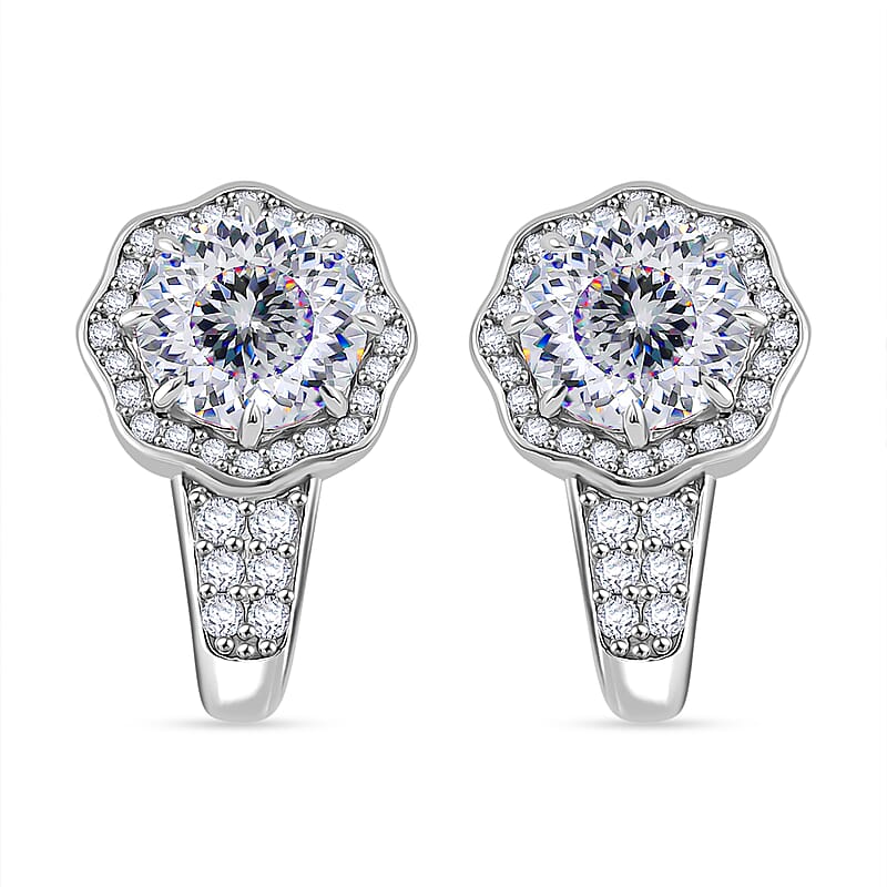 120 Faceted Moissanite 4.15 ctw J-Hoop Earrings in Rhodium Over Sterling Silver