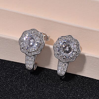 120 Faceted Moissanite 4.15 ctw J-Hoop Earrings in Rhodium Over Sterling Silver