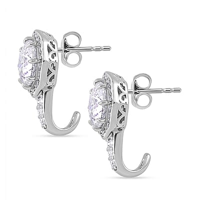 120 Faceted Moissanite 4.15 ctw J-Hoop Earrings in Rhodium Over Sterling Silver