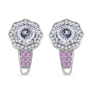 120 Faceted Moissanite and Pink Sapphire 4.20 ctw J-Hoop Earrings in Rhodium Over Sterling Silver