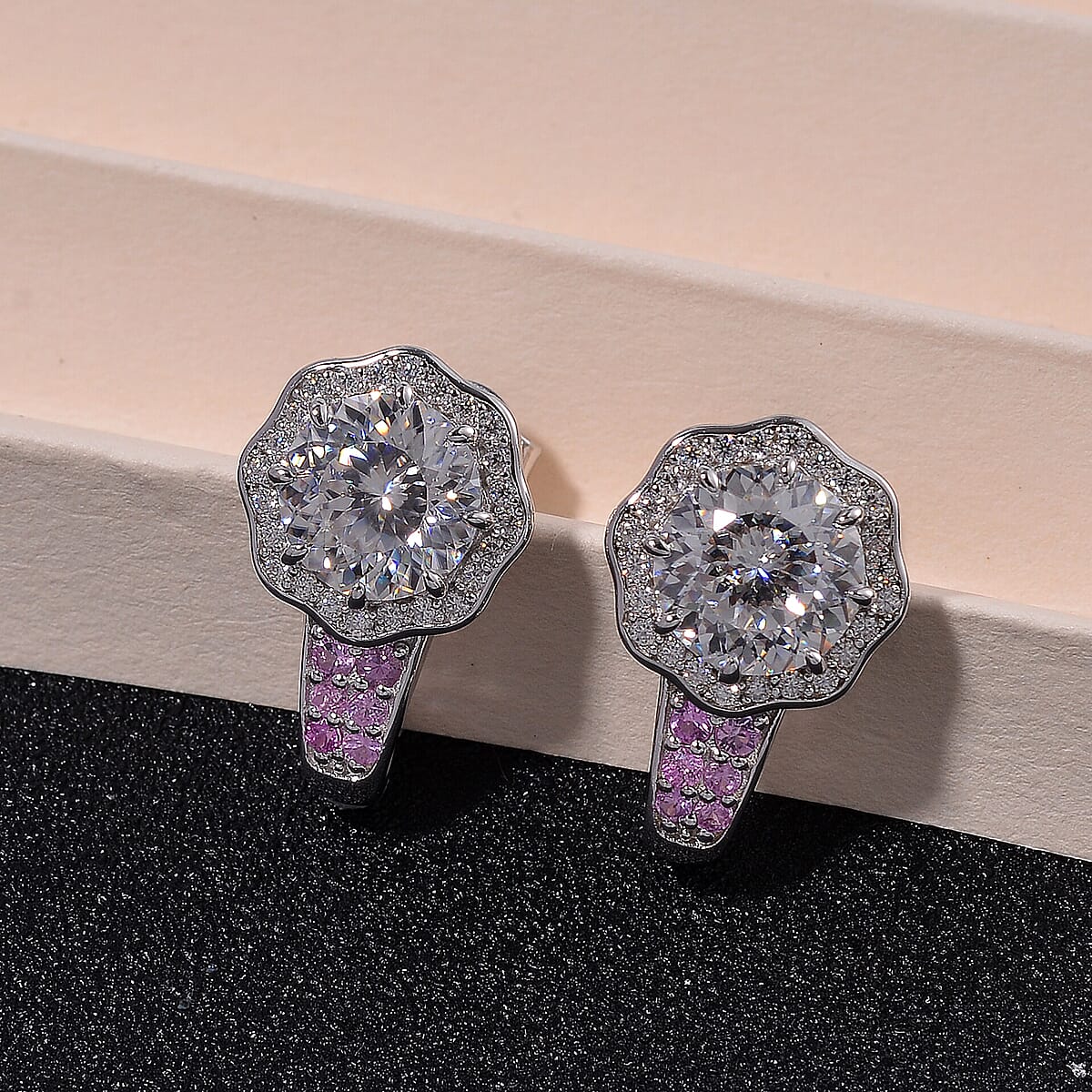 120 Faceted Moissanite and Pink Sapphire 4.20 ctw J-Hoop Earrings in Rhodium Over Sterling Silver image number 1