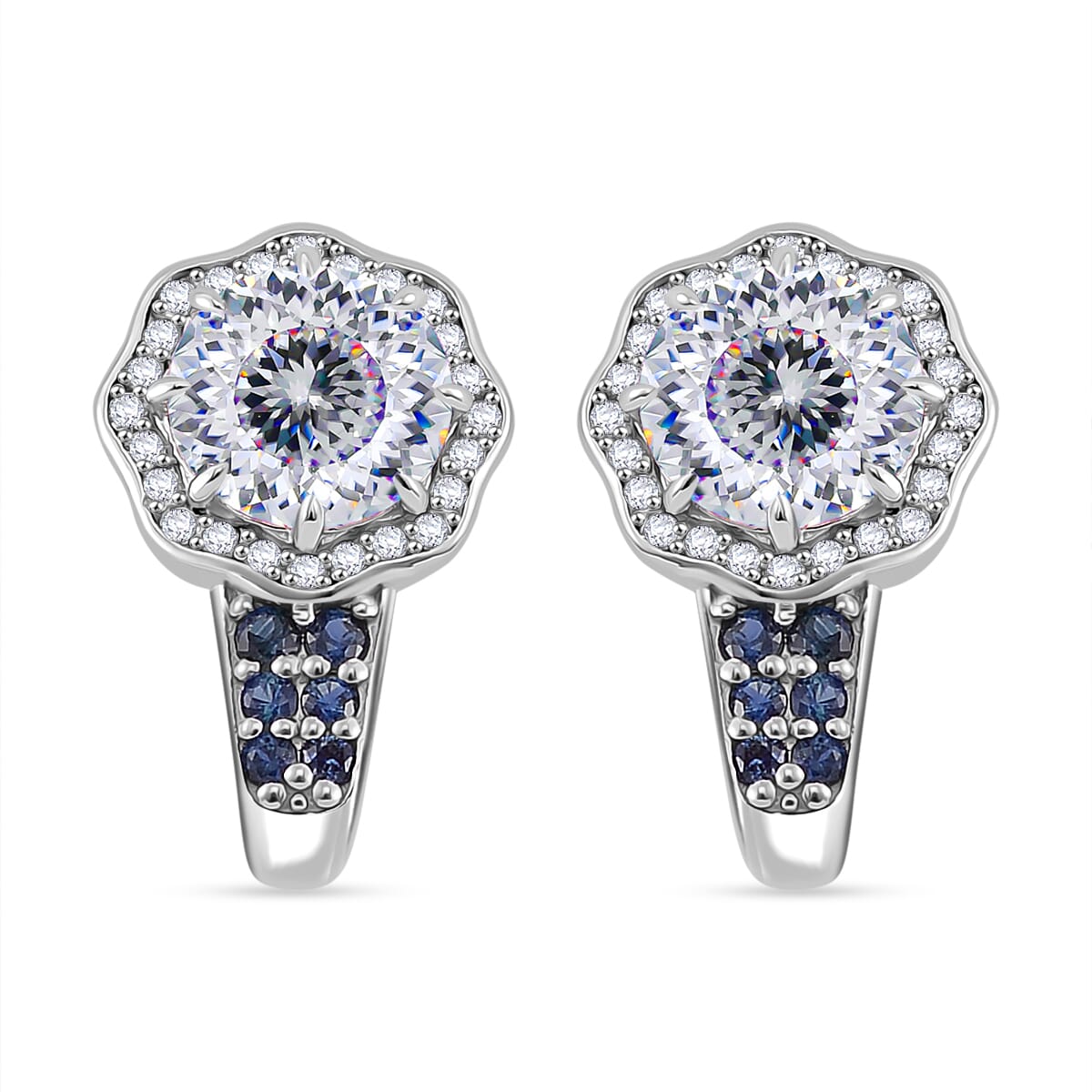 120 Faceted Moissanite and Blue Sapphire 4.20 ctw J-Hoop Earrings in Rhodium Over Sterling Silver image number 0