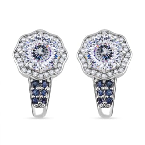 120 Faceted Moissanite and Blue Sapphire 4.20 ctw J-Hoop Earrings in Rhodium Over Sterling Silver
