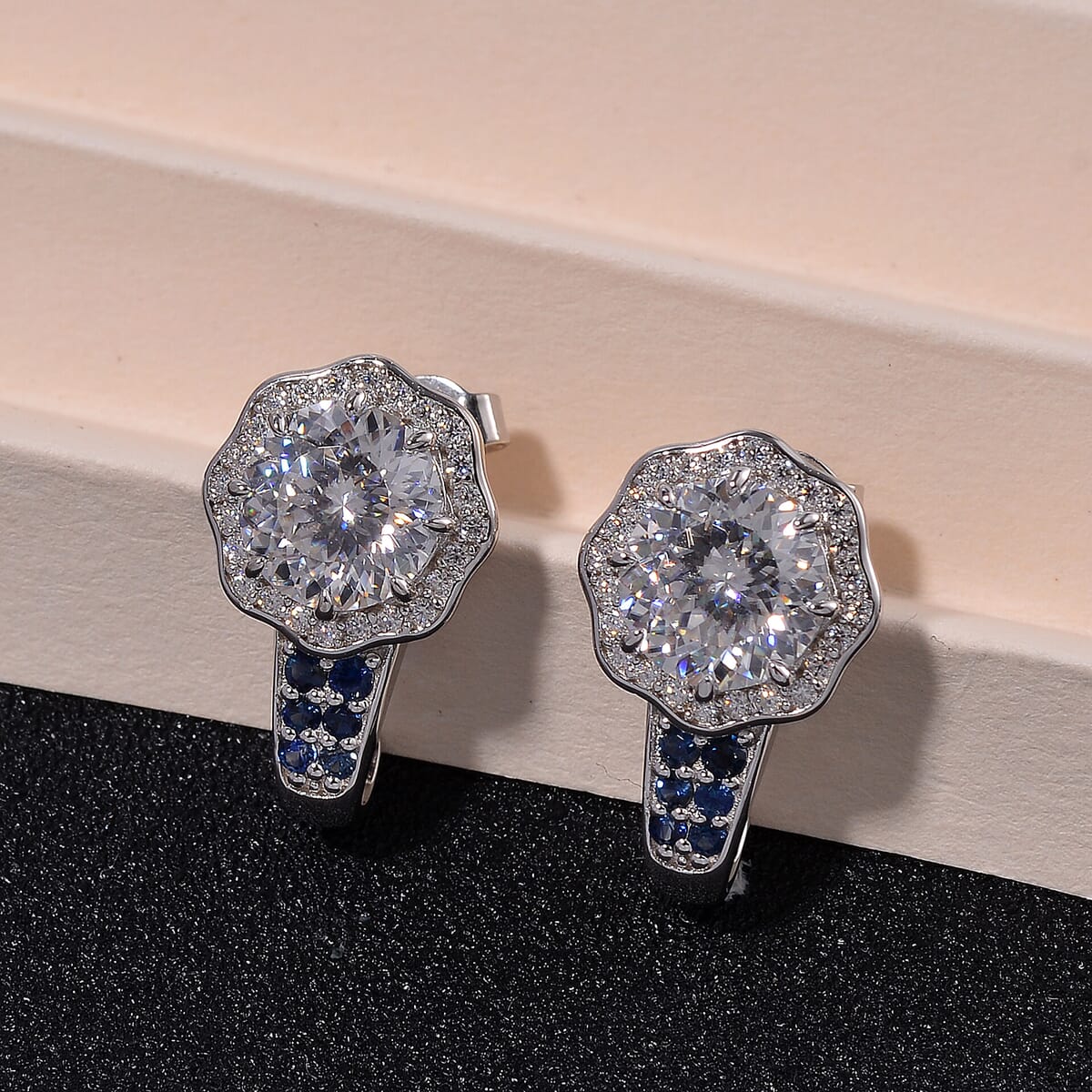 120 Faceted Moissanite and Blue Sapphire 4.20 ctw J-Hoop Earrings in Rhodium Over Sterling Silver image number 1