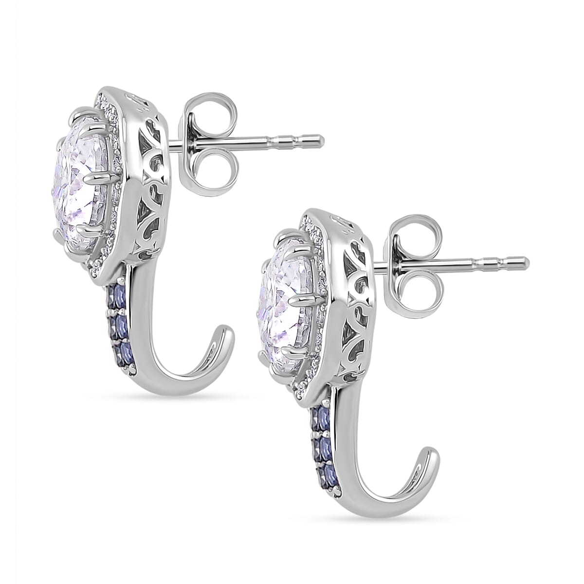 120 Faceted Moissanite and Blue Sapphire 4.20 ctw J-Hoop Earrings in Rhodium Over Sterling Silver image number 2