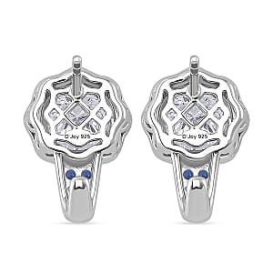 120 Faceted Moissanite and Blue Sapphire 4.20 ctw J-Hoop Earrings in Rhodium Over Sterling Silver