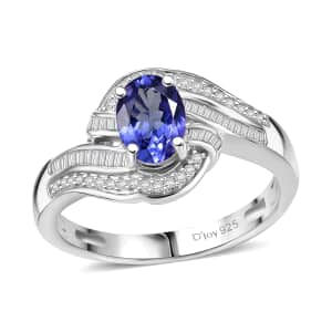 AAA Tanzanite, Diamond (0.30 cts) Ring in Rhodium Over Sterling Silver (Size 10.0) 1.15 ctw