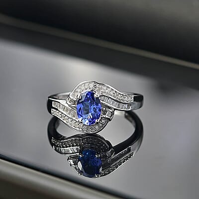 AAA Tanzanite, Diamond (0.30 cts) Ring in Rhodium Over Sterling Silver (Size 10.0) 1.15 ctw