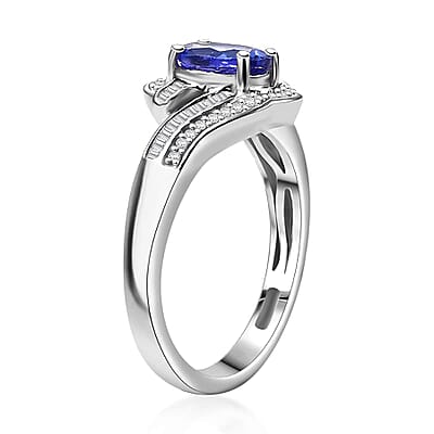 AAA Tanzanite, Diamond (0.30 cts) Ring in Rhodium Over Sterling Silver (Size 10.0) 1.15 ctw