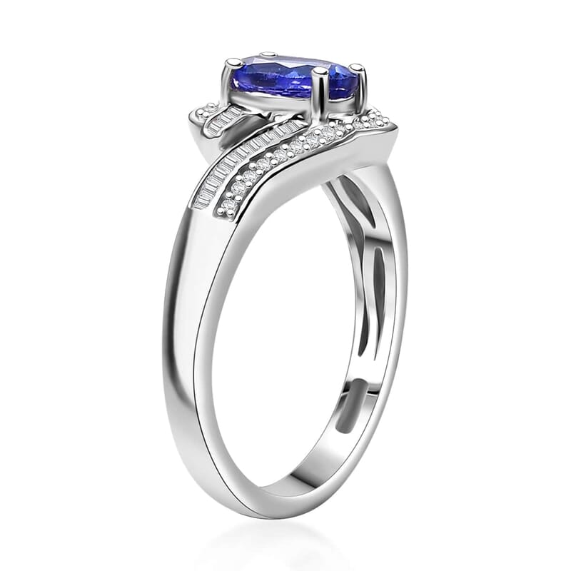 AAA Tanzanite, Diamond (0.30 cts) Ring in Rhodium Over Sterling Silver (Size 10.0) 1.15 ctw