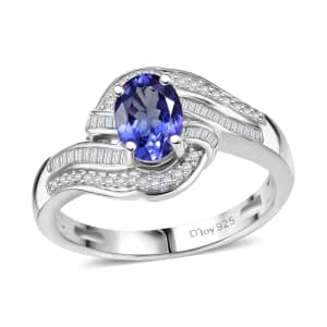 AAA Tanzanite and Diamond 1.15 ctw Bypass Ring in Rhodium Over Sterling Silver (Size 6.0)