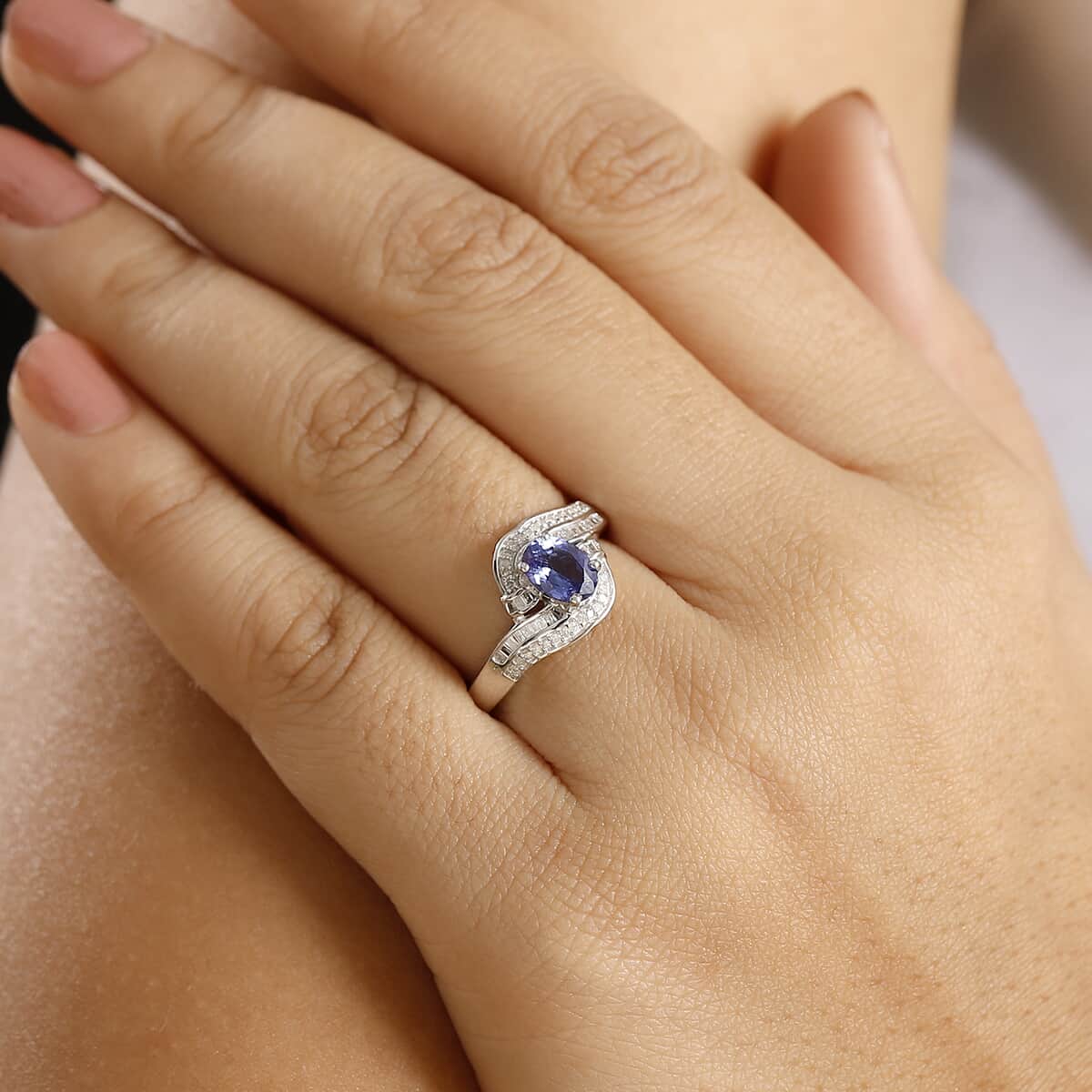 AAA Tanzanite and Diamond 1.15 ctw Bypass Ring in Rhodium Over Sterling Silver (Size 6.0) image number 2