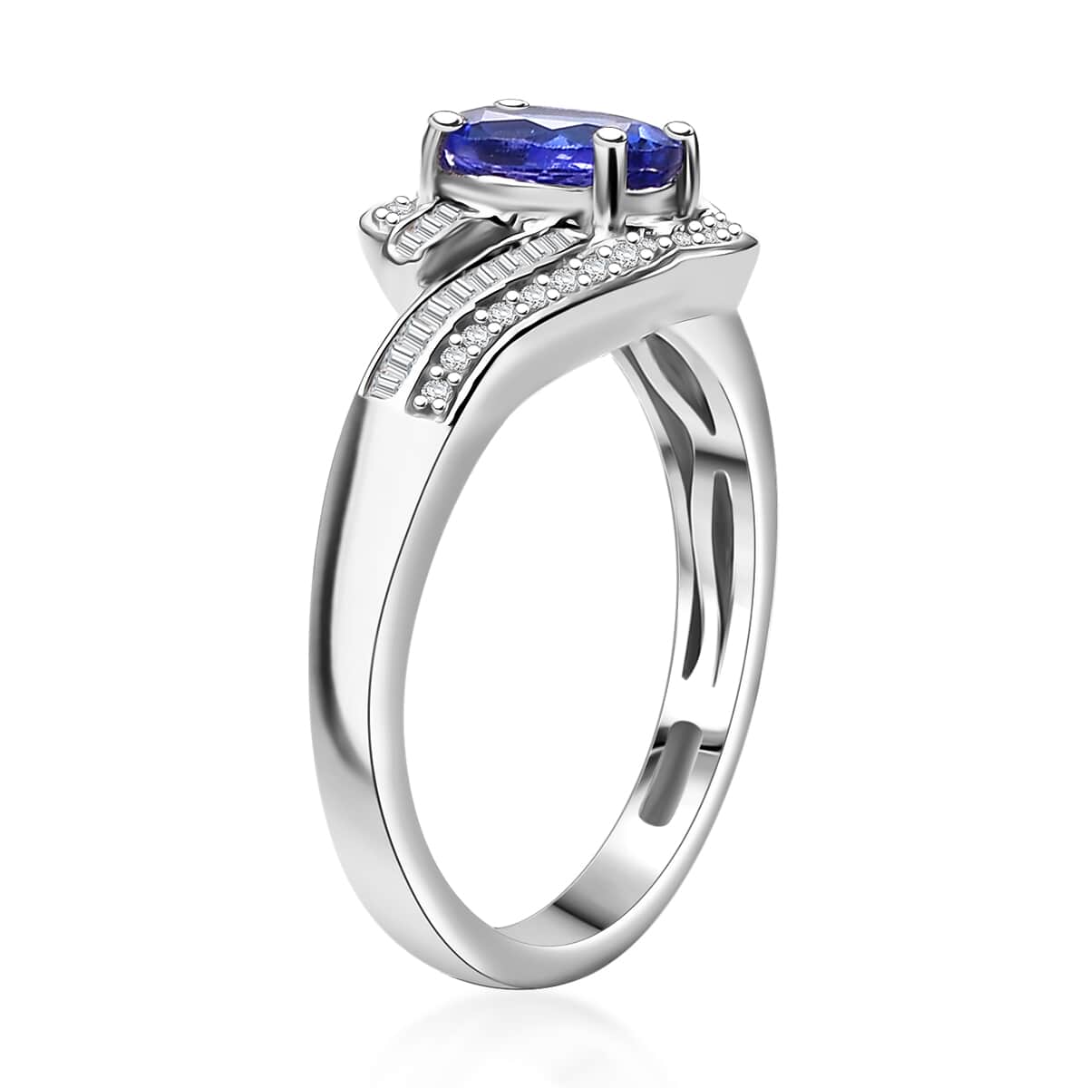 AAA Tanzanite and Diamond 1.15 ctw Bypass Ring in Rhodium Over Sterling Silver (Size 6.0) image number 3