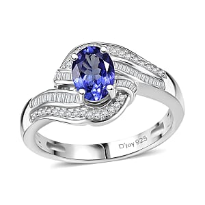 D'Joy AAA Tanzanite and Diamond 1.15 ctw Bypass Ring in Rhodium Over Sterling Silver (Size 7.0)