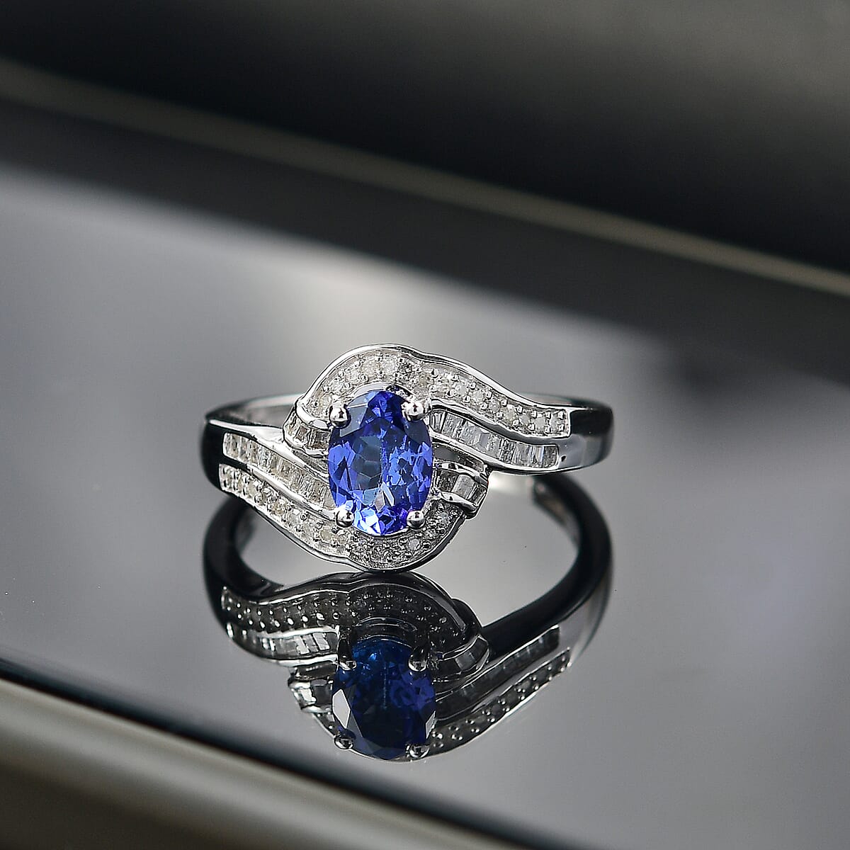 AAA Tanzanite and Diamond 1.15 ctw Bypass Ring in Rhodium Over Sterling Silver (Size 9.0) image number 1